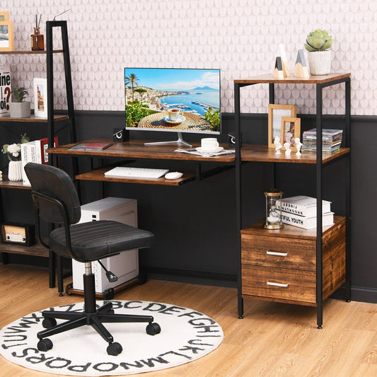 55.5 Inch Computer Desk with Movable Stand and Bookshelves, Rustic Brown - Gallery Canada