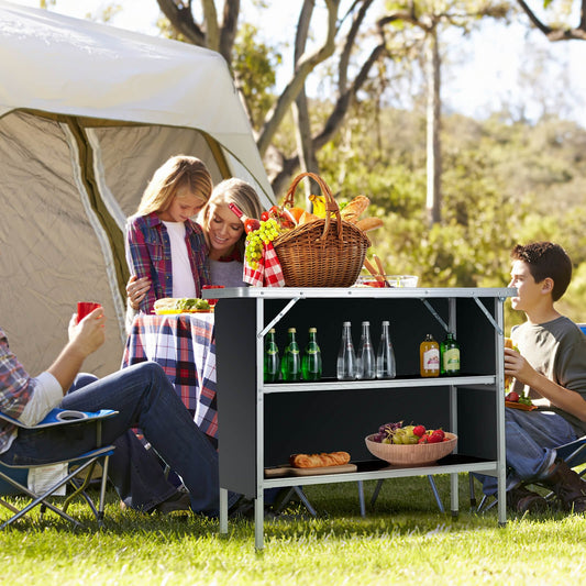 Folding Camping Table with 2-Tier Open Shelves for Outdoor BBQ, Black - Gallery Canada