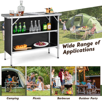 Folding Camping Table with 2-Tier Open Shelves for Outdoor BBQ, Black