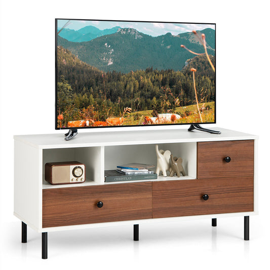 Mid-Century TV Stand For 50-Inch TVs, 2 Cubbies, 3 Drawers, White, Brown Entertainment Centers & TV Stands Brown & White at Gallery Canada