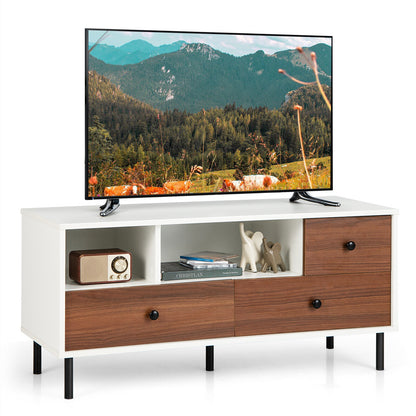 Mid-Century TV Stand For 50-Inch TVs, 2 Cubbies, 3 Drawers, White, Brown Entertainment Centers & TV Stands at Gallery Canada
