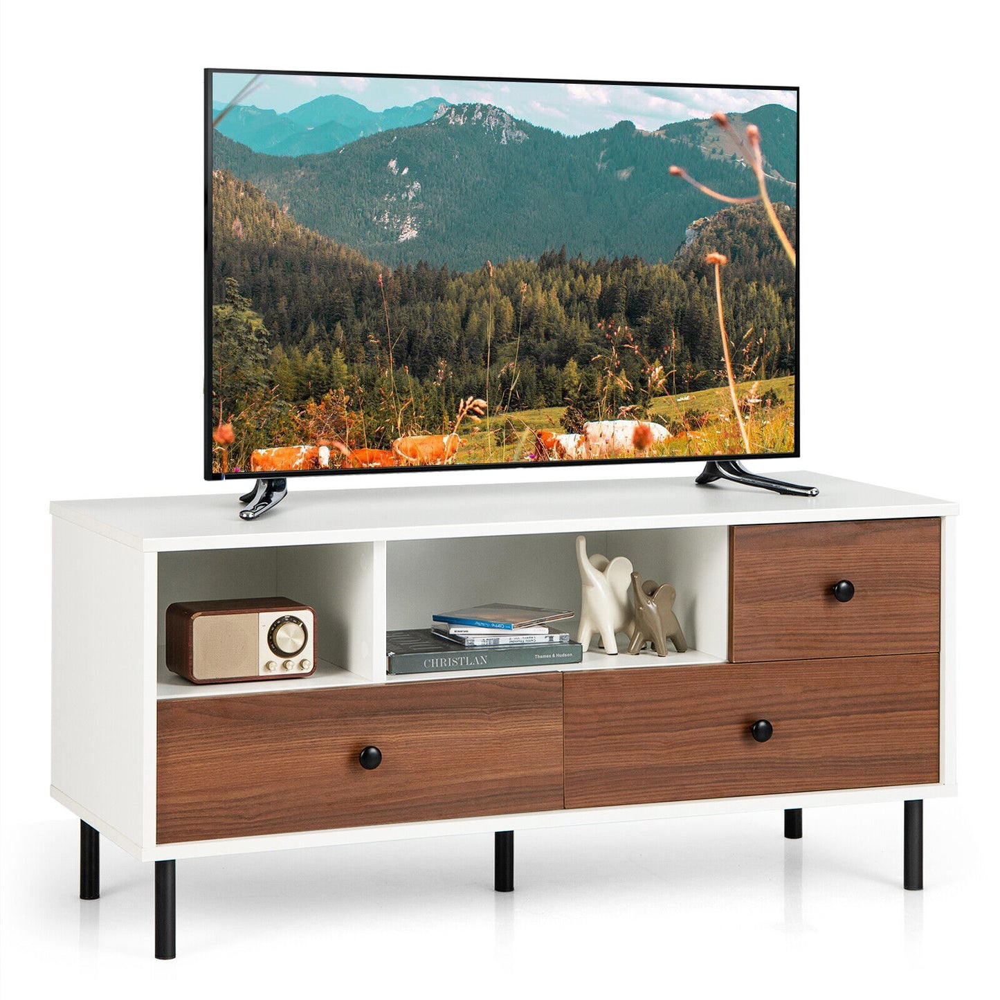 Mid-Century TV Stand for 50-inch TVs with 2 Cubbies and 3 Drawers, Brown & White Entertainment Centers & TV Stands Brown & White at Gallery Canada