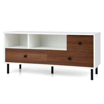 Mid-Century TV Stand for 50-inch TVs with 2 Cubbies and 3 Drawers, Brown & White - Gallery Canada