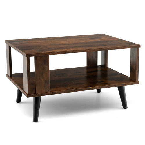 Compact Retro Mid-Century Coffee Table with Storage Open Shelf, Rustic Brown