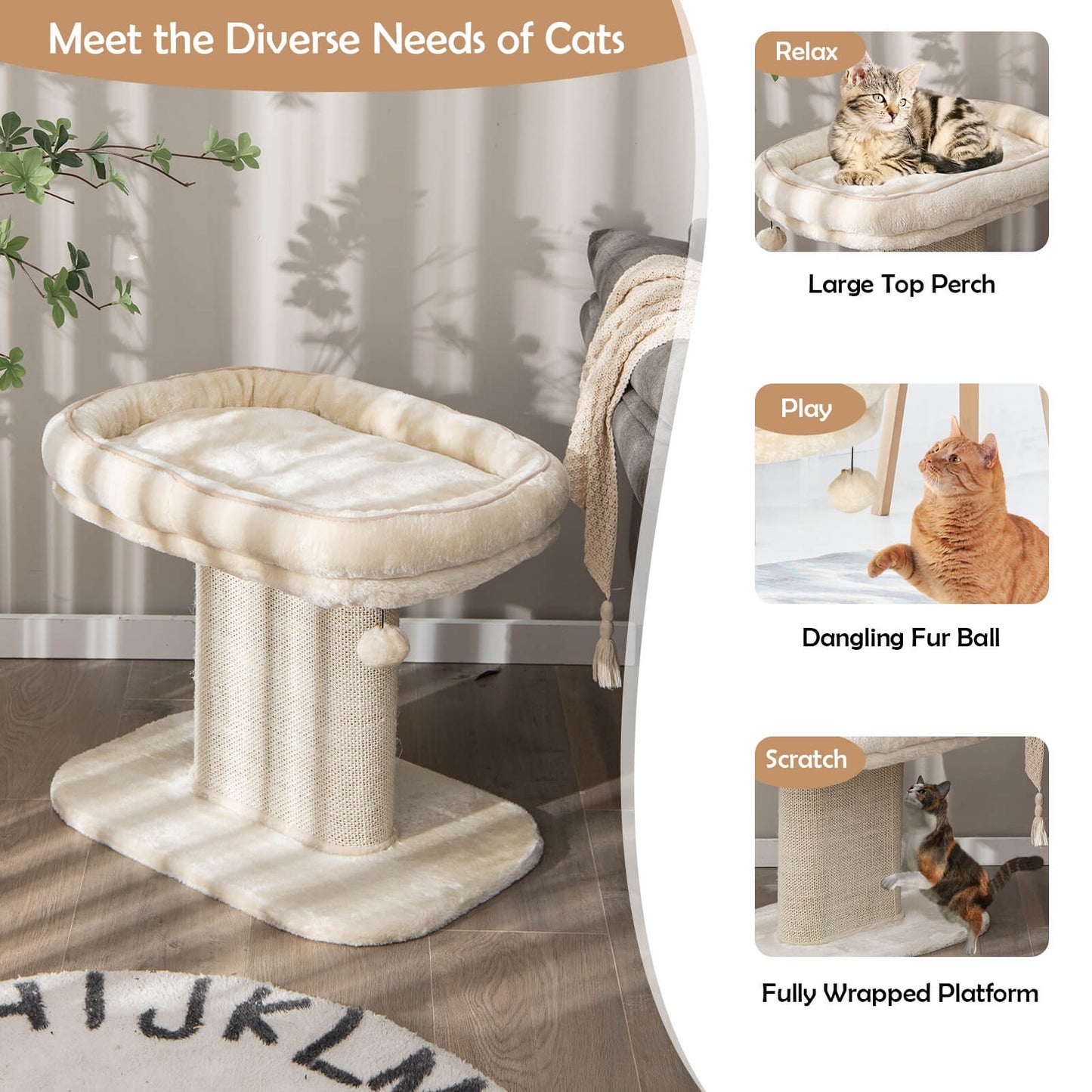 Modern Cat Tree Tower with Large Plush Perch and Sisal Scratching Plate, Beige Cat Trees Condos & Scratchers at Gallery Canada