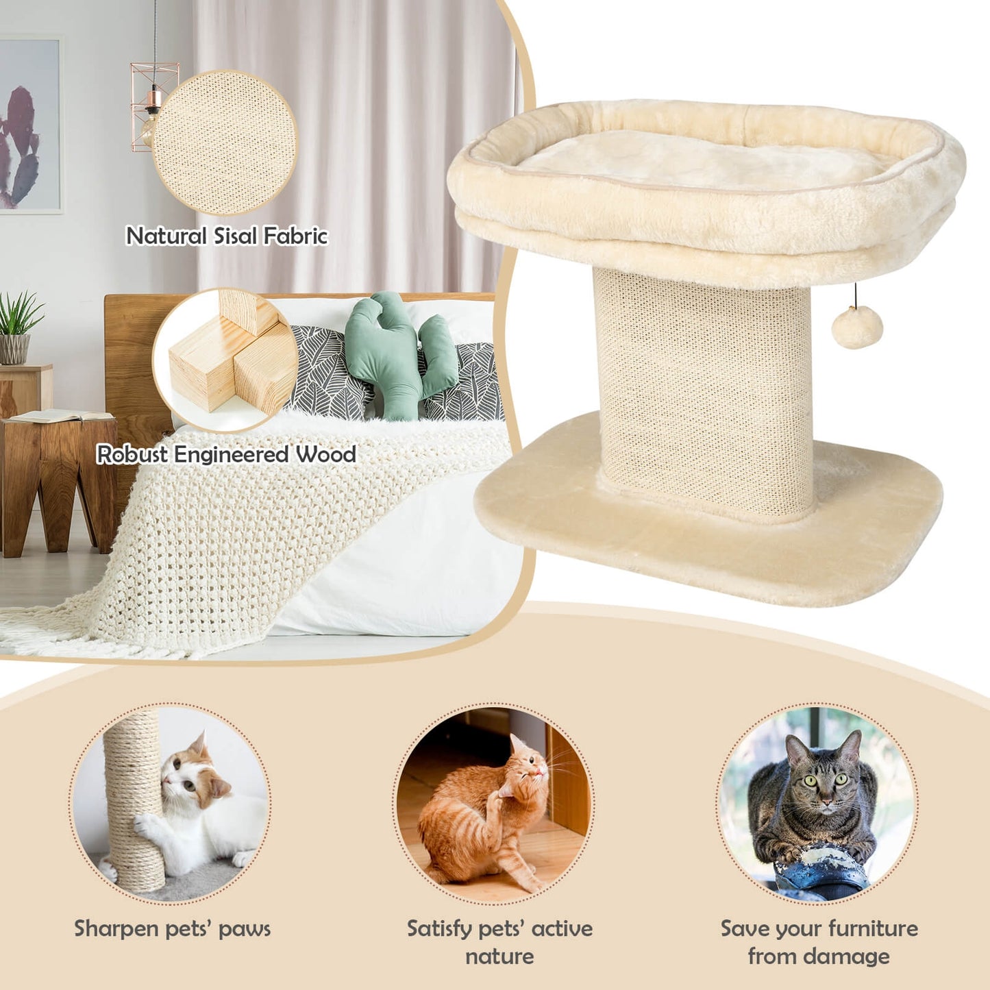 Modern Cat Tree Tower with Large Plush Perch and Sisal Scratching Plate, Beige Cat Trees Condos & Scratchers at Gallery Canada