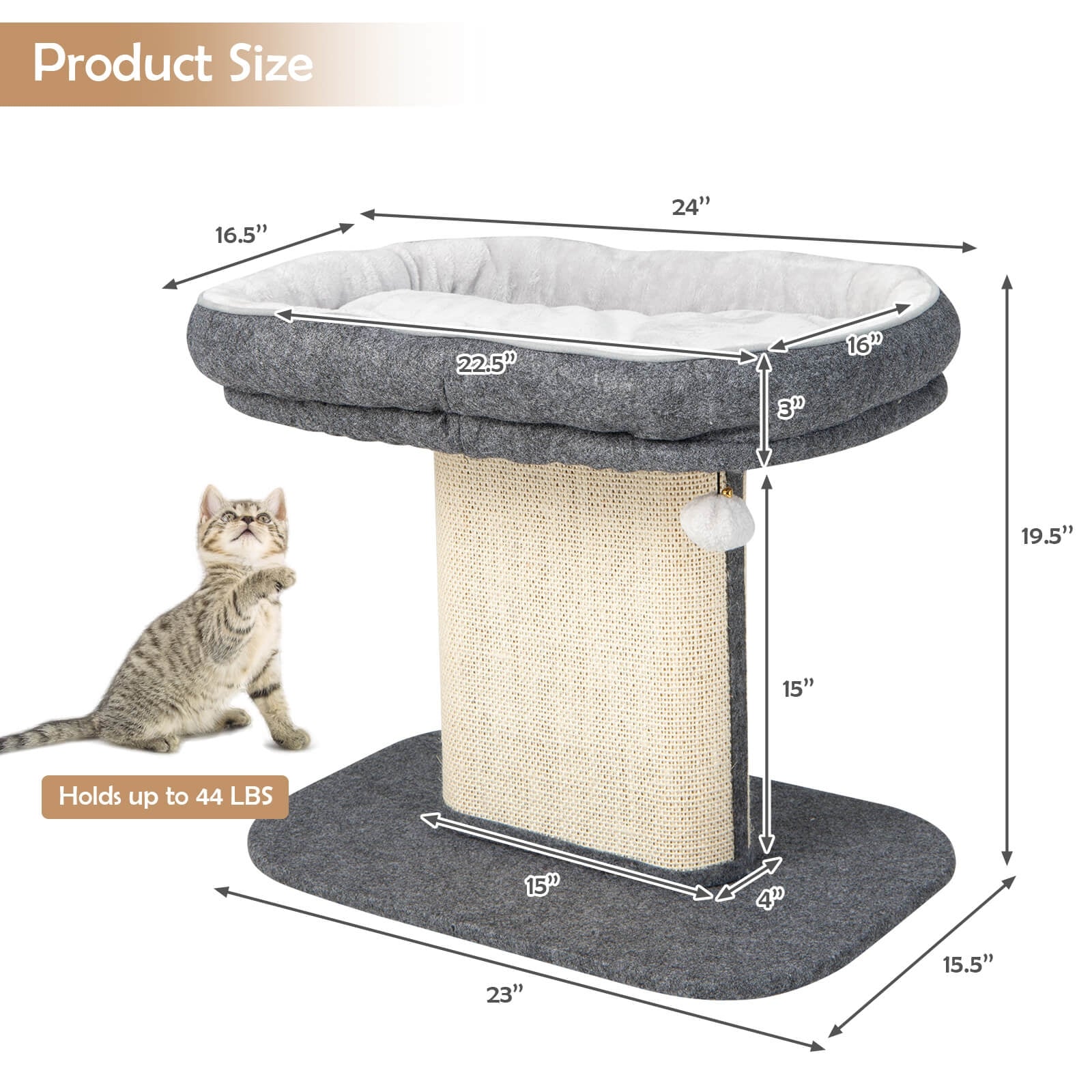 Modern Cat Tree Tower with Large Plush Perch and Sisal Scratching Plate, Gray Cat Trees Condos & Scratchers at Gallery Canada
