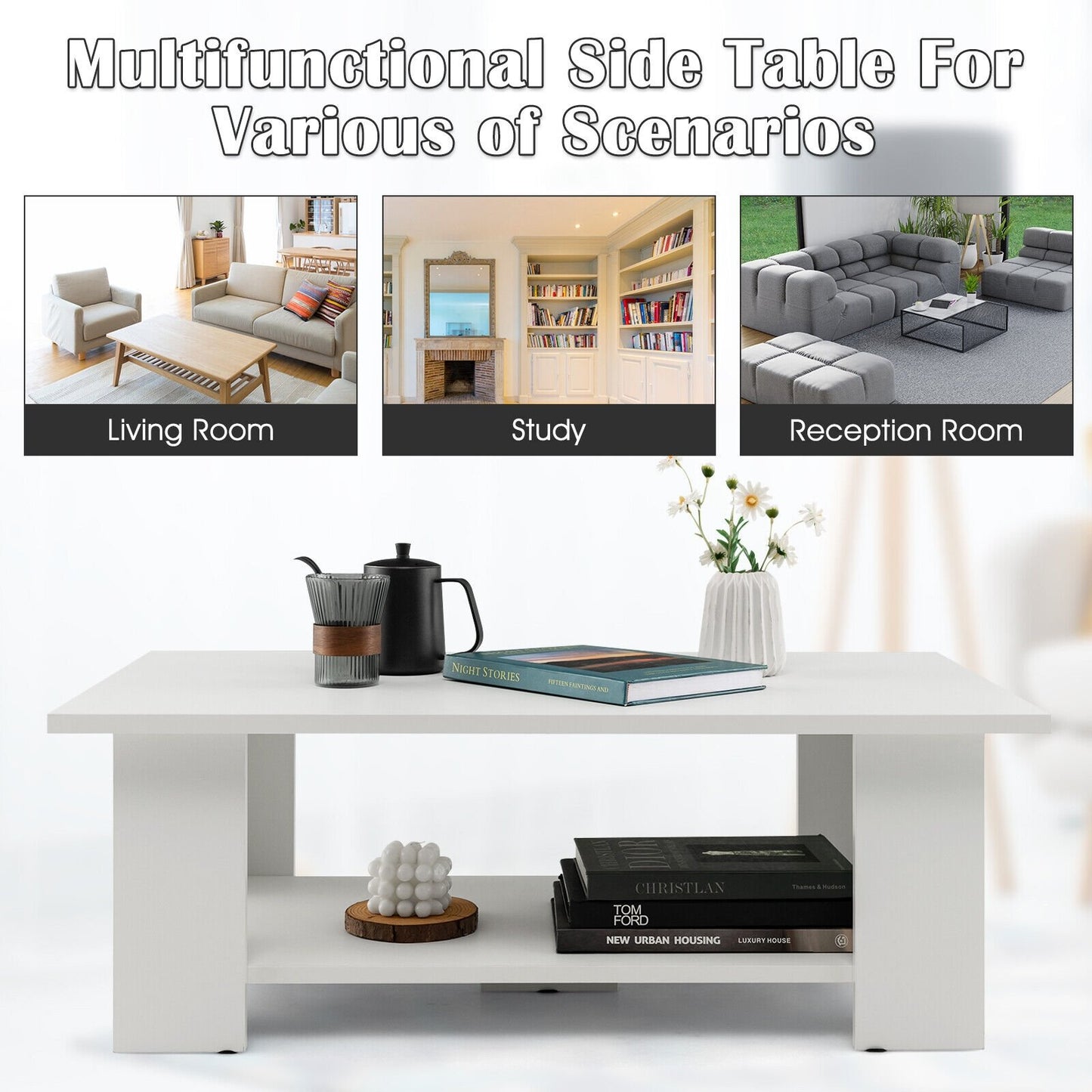 Large 36 Inch 2-tier Wooden Modern Coffee Table with Storage Shelf, White - Gallery Canada