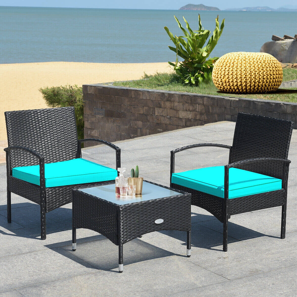 3 Pieces Patio Wicker Rattan Furniture Set with Cushion for Lawn Backyard, Turquoise Patio Conversation Sets at Gallery Canada
