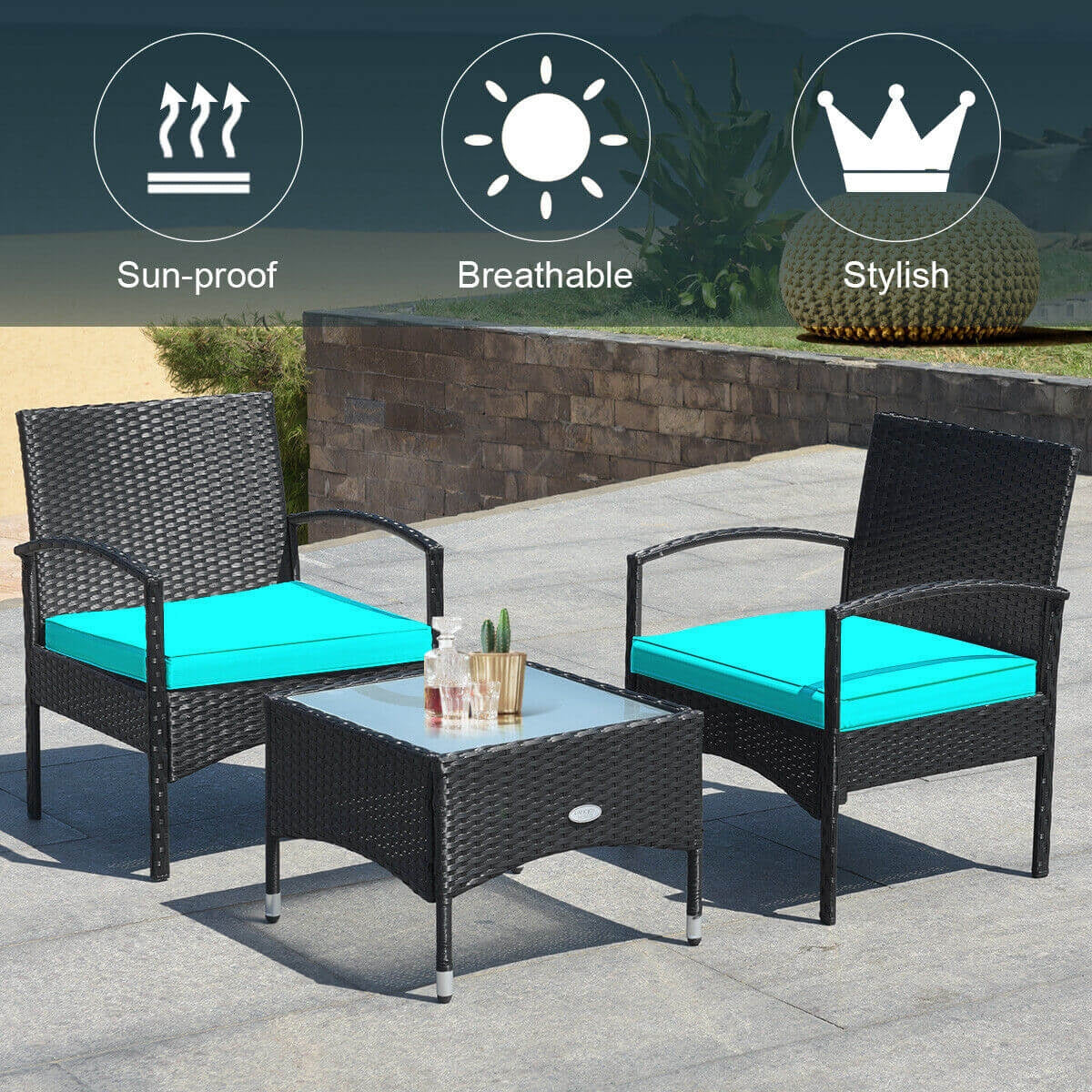 3 Pieces Patio Wicker Rattan Furniture Set with Cushion for Lawn Backyard, Turquoise Patio Conversation Sets at Gallery Canada