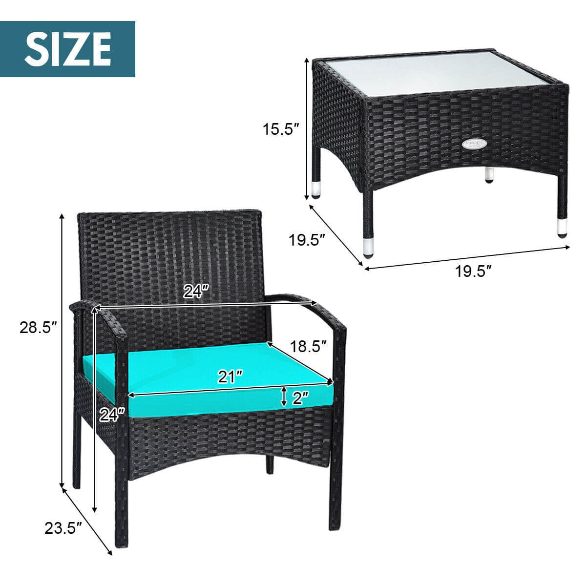 3 Pieces Patio Wicker Rattan Furniture Set with Cushion for Lawn Backyard, Turquoise Patio Conversation Sets at Gallery Canada