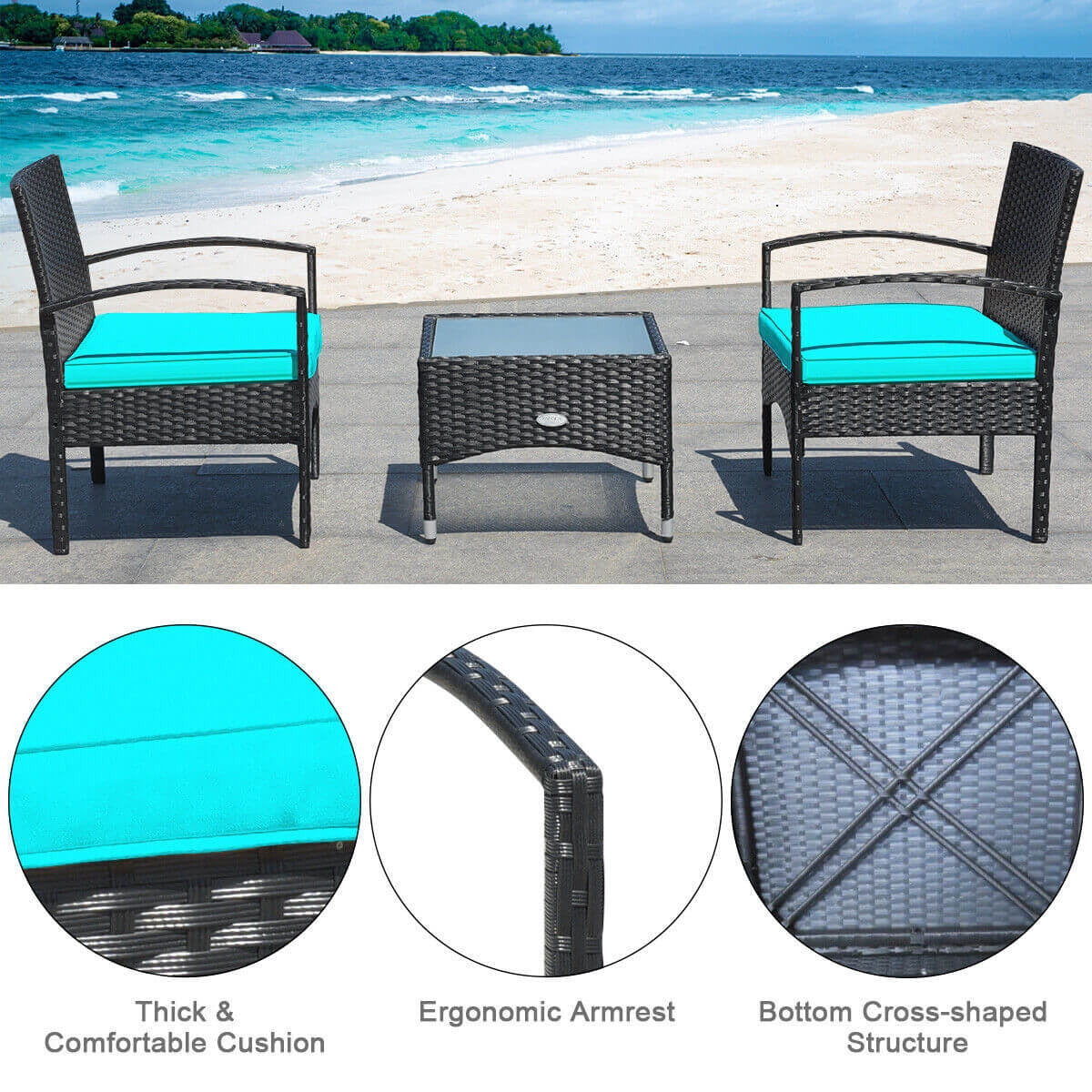 3 Pieces Patio Wicker Rattan Furniture Set with Cushion for Lawn Backyard, Turquoise Patio Conversation Sets at Gallery Canada