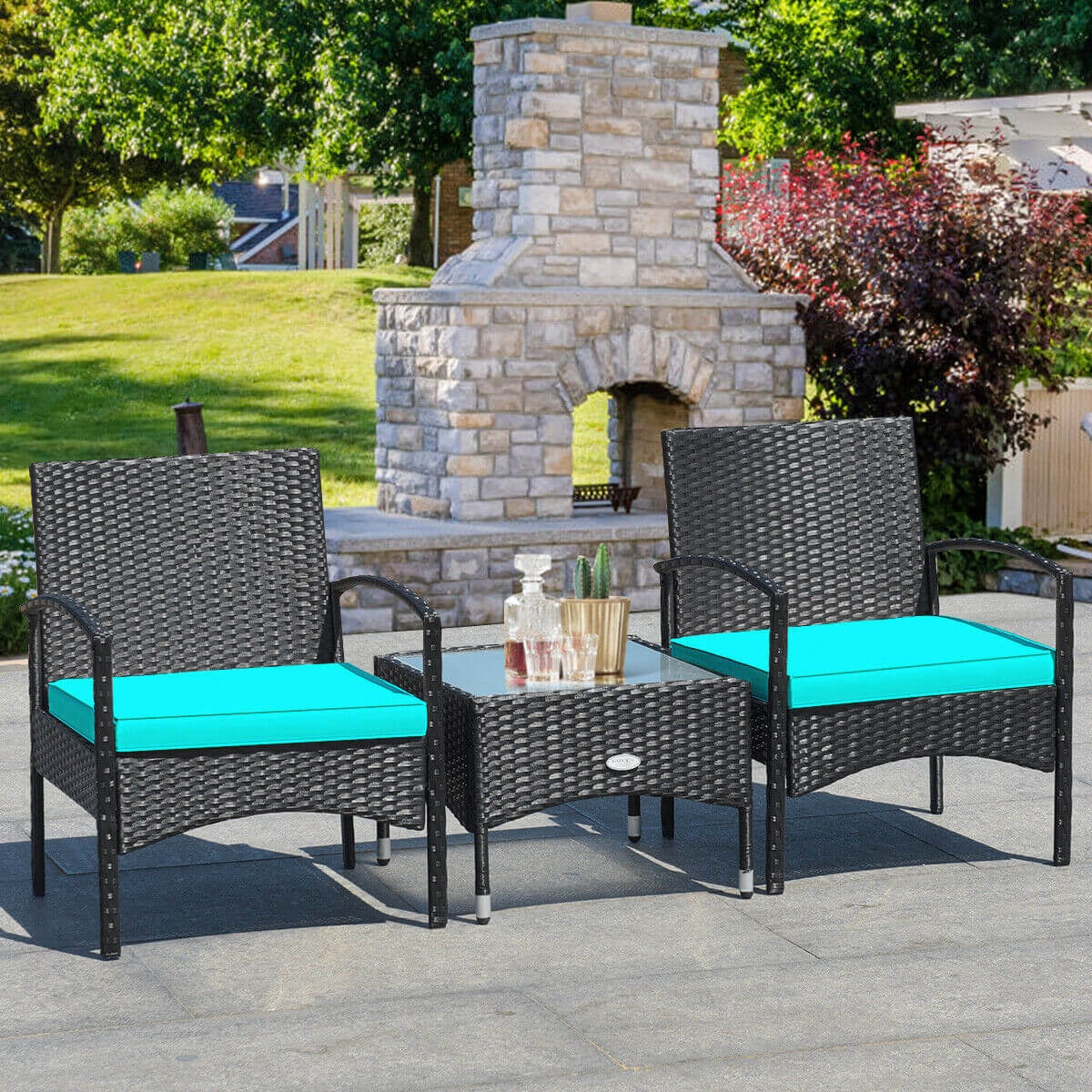 3 Pieces Patio Wicker Rattan Furniture Set with Cushion for Lawn Backyard, Turquoise Patio Conversation Sets at Gallery Canada