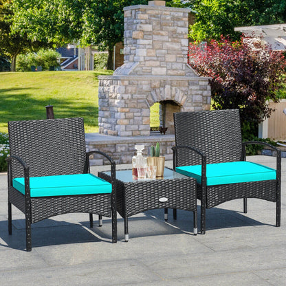 3 Pieces Patio Wicker Rattan Furniture Set with Cushion for Lawn Backyard, Turquoise Patio Conversation Sets at Gallery Canada
