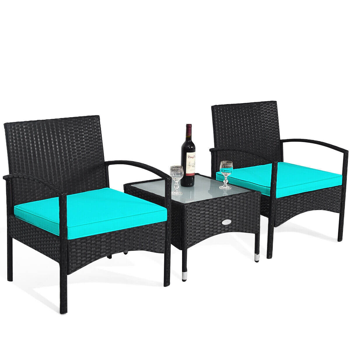 3 Pieces Patio Wicker Rattan Furniture Set with Cushion for Lawn Backyard, Turquoise Patio Conversation Sets at Gallery Canada