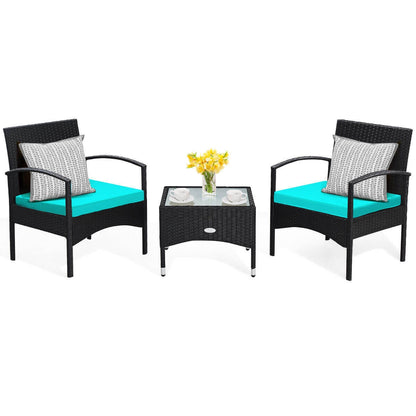3 Pieces Patio Wicker Rattan Furniture Set with Cushion for Lawn Backyard, Turquoise Patio Conversation Sets at Gallery Canada