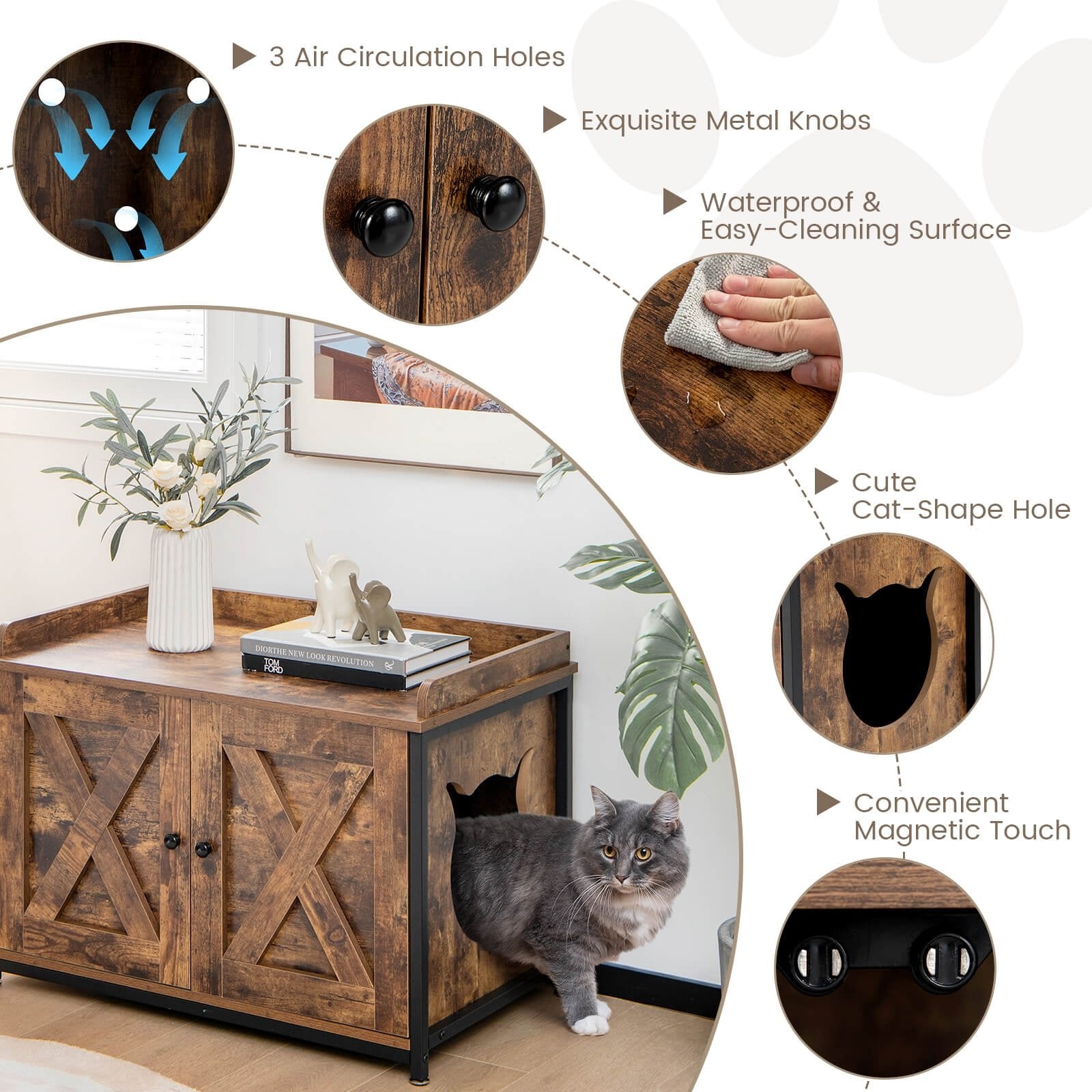 Cat Litter Box Enclosure with Double Doors and Adjustable Footpads, Brown - Gallery Canada