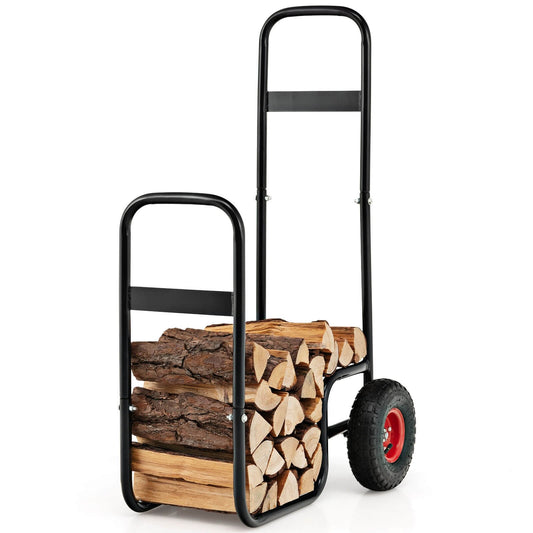 Firewood Log Cart Carrier with Wear-Resistant and Shockproof Rubber Wheels, Black