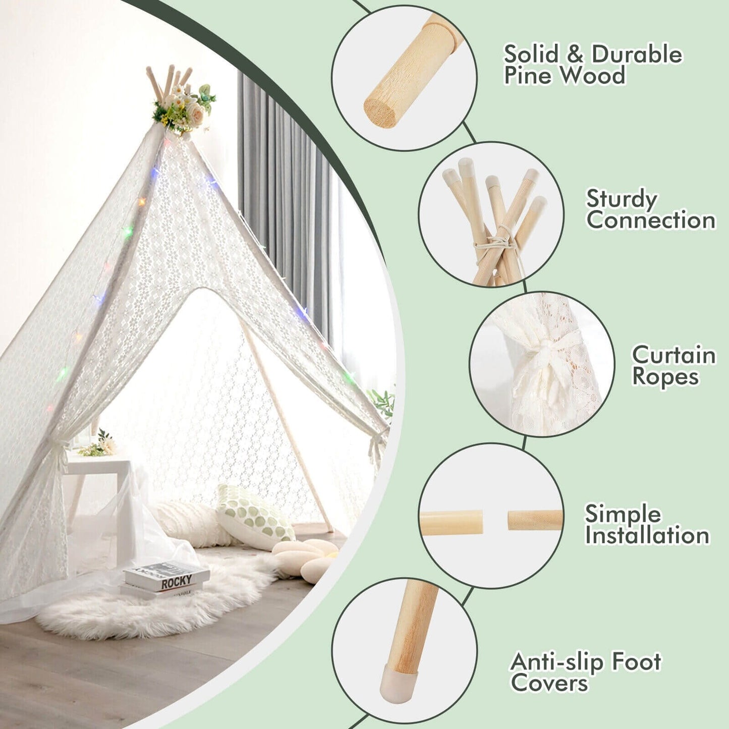Lace Teepee Tent with Colorful Light Strings for Children, White - Gallery Canada