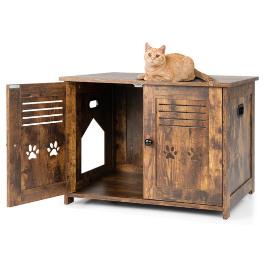 Cat Litter Box Enclosure with Double Louvered Doors and Side Entrance, Brown - Gallery Canada