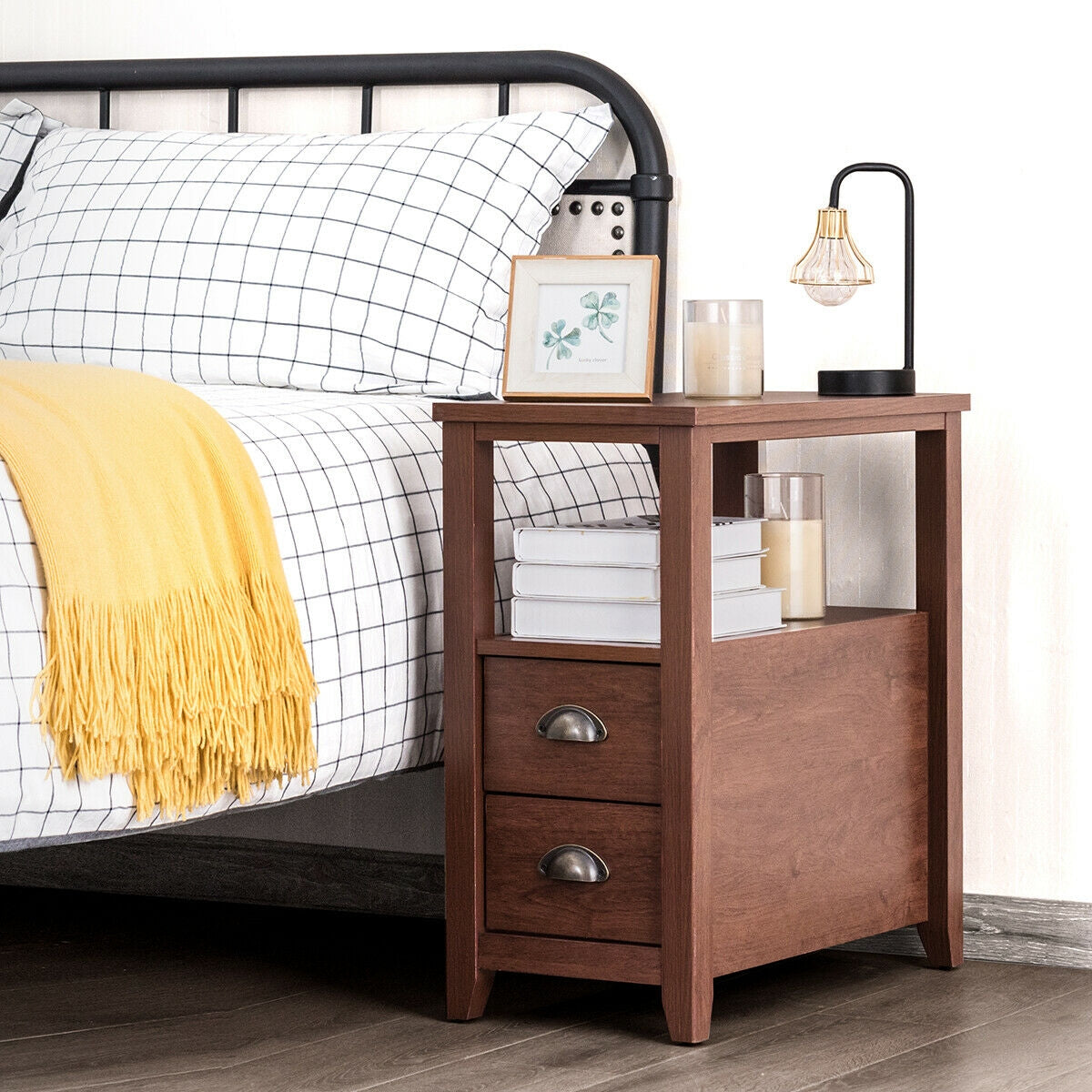 Wooden End Table With 2 Drawers, Shelf, Brown Nightstands at Gallery Canada