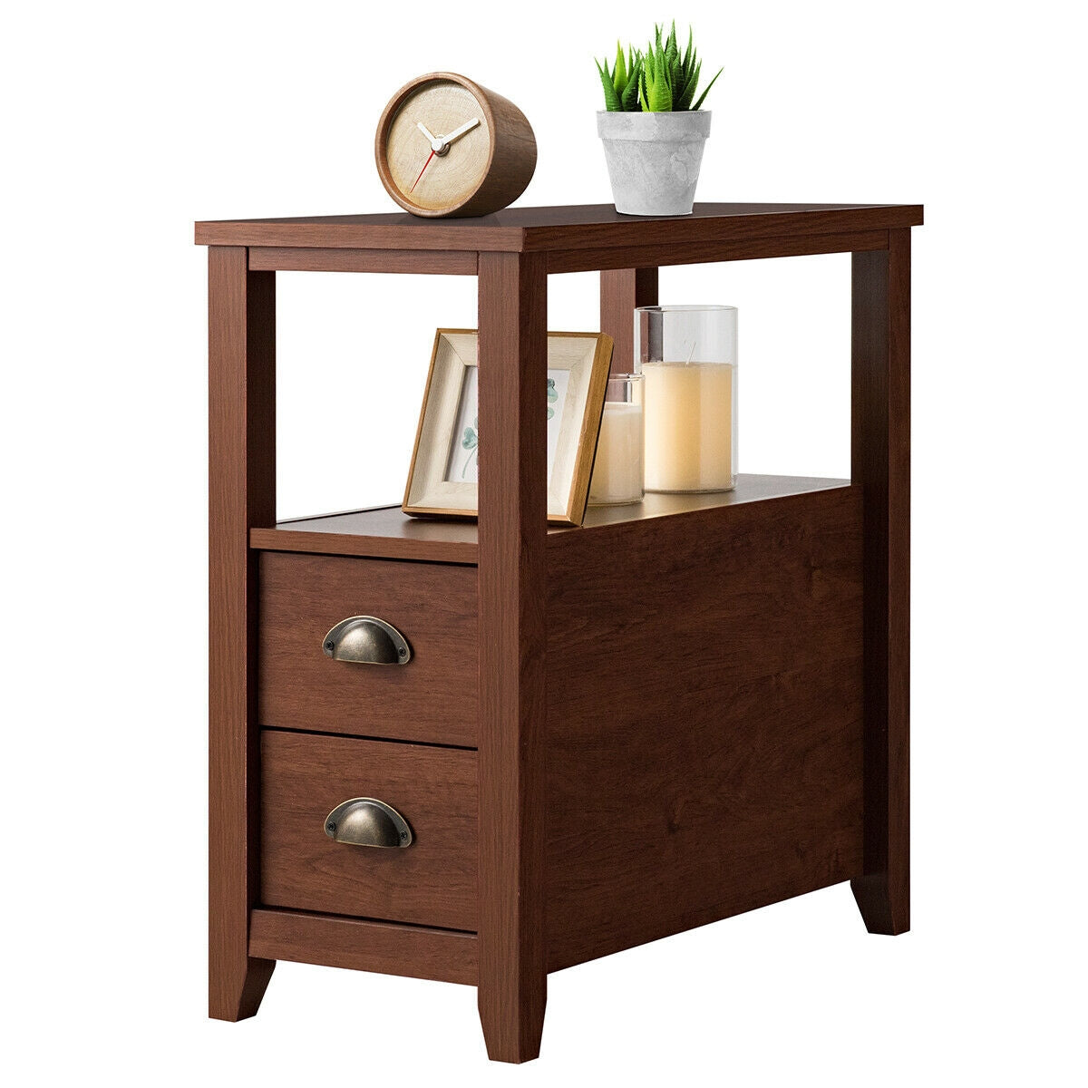 Wooden End Table With 2 Drawers, Shelf, Brown Nightstands at Gallery Canada