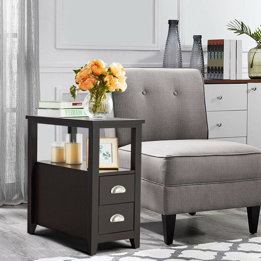 Wooden End Table With 2 Drawers, Shelf, Dark Brown Nightstands Dark Brown at Gallery Canada