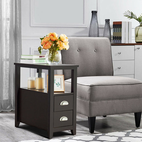 Wooden End Table With 2 Drawers, Shelf, Dark Brown