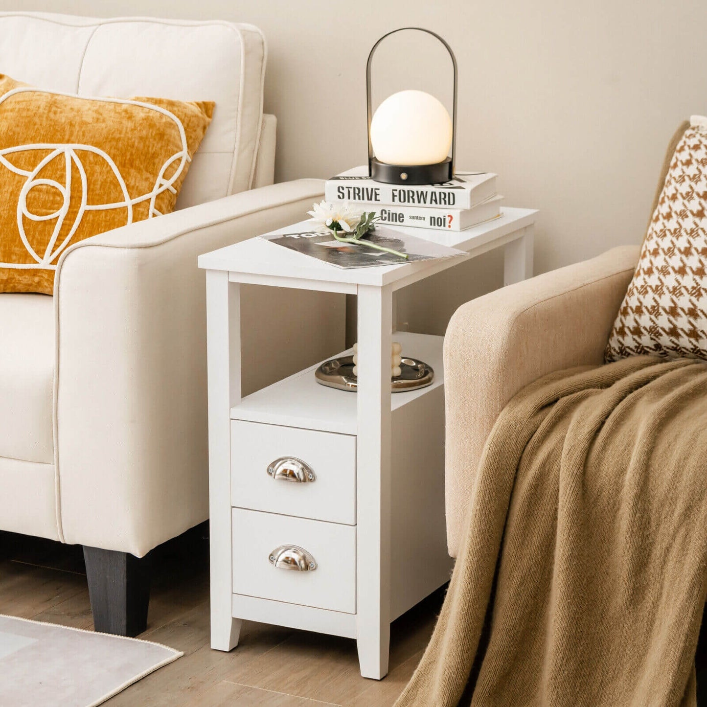 Wooden End Table With 2 Drawers, Shelf, White Nightstands at Gallery Canada