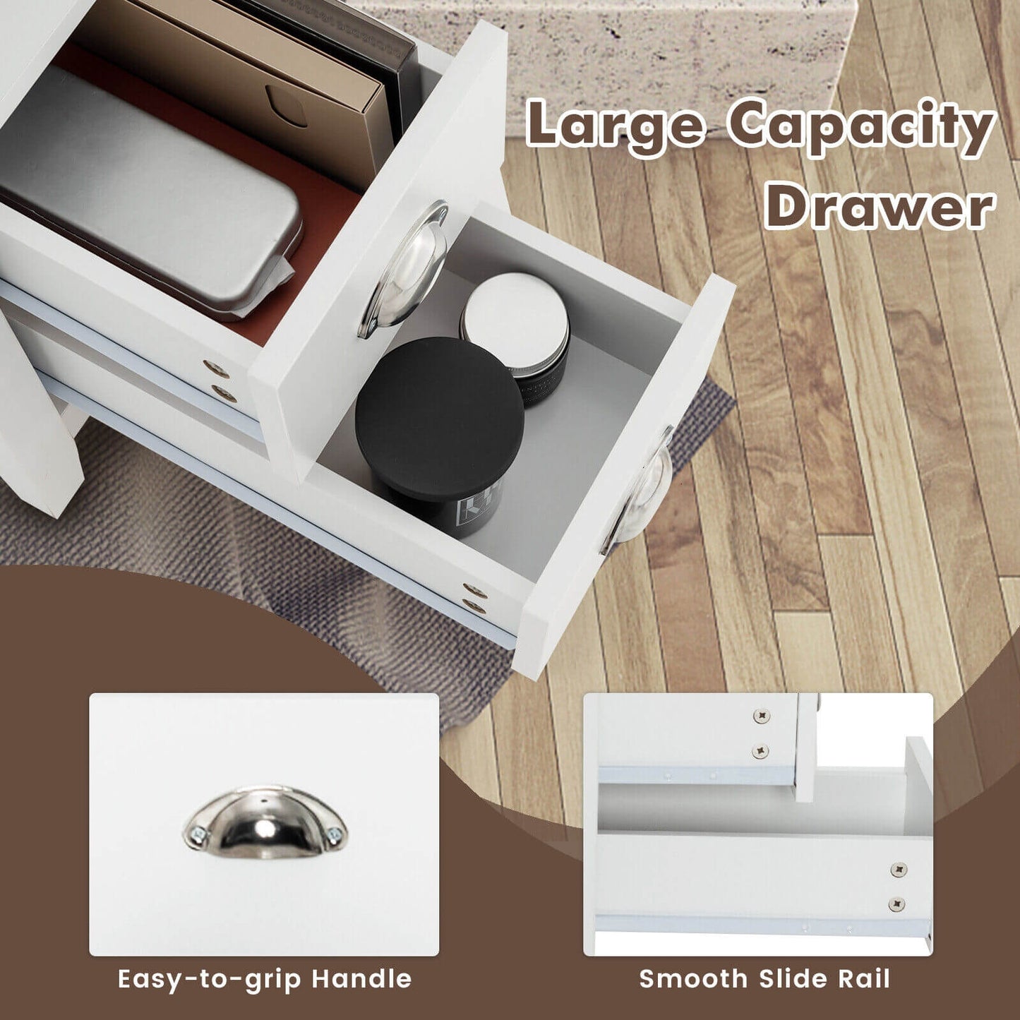 Wooden End Table With 2 Drawers, Shelf, White Nightstands at Gallery Canada