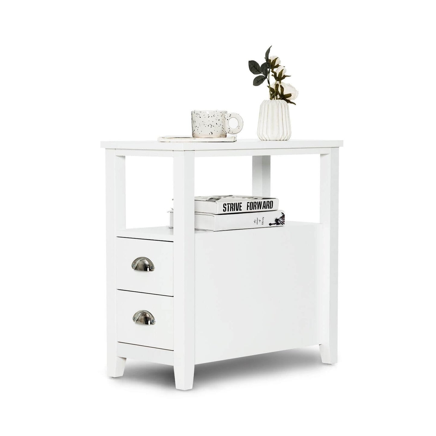 Wooden End Table With 2 Drawers, Shelf, White Nightstands at Gallery Canada