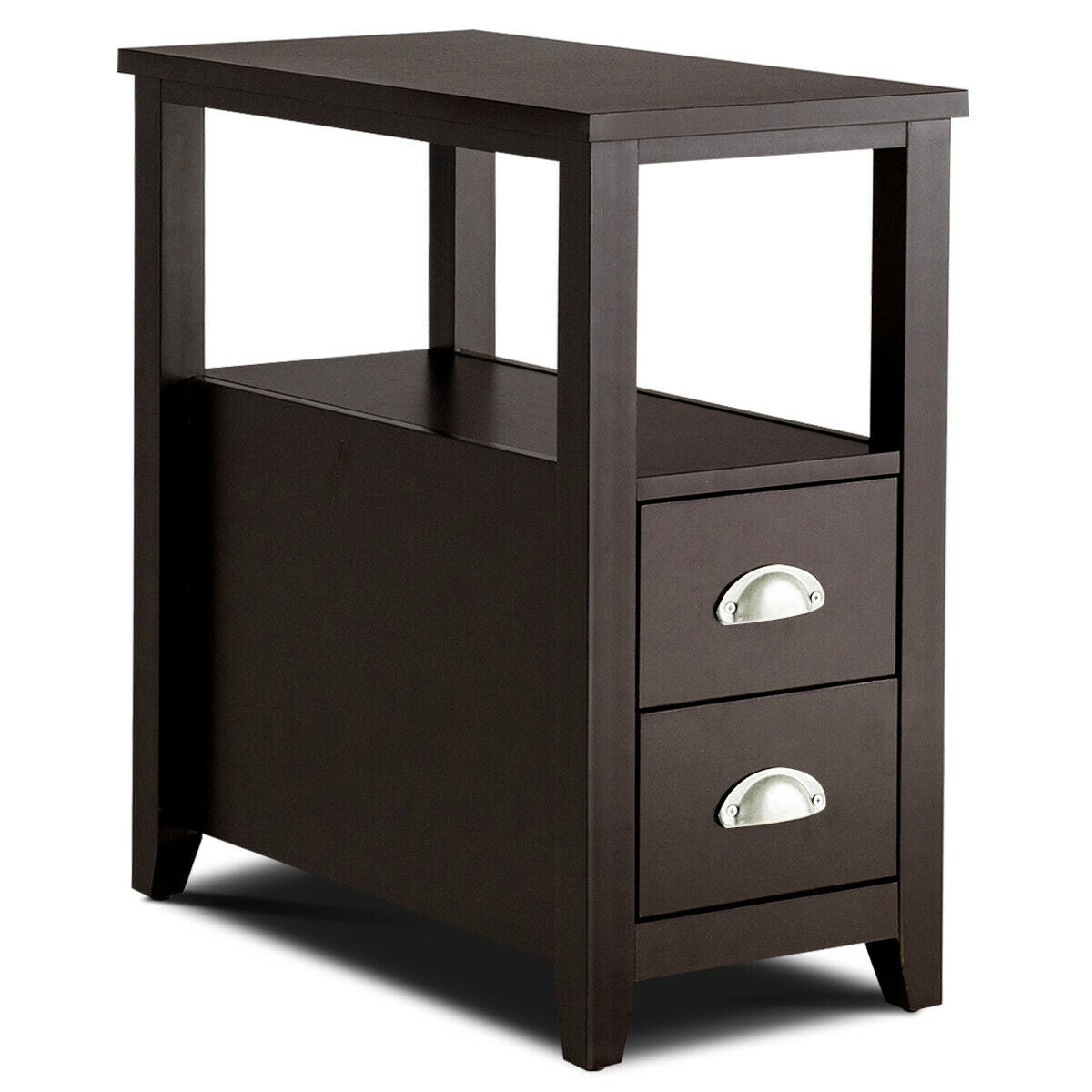 Wooden End Table With 2 Drawers, Shelf, Dark Brown Nightstands Dark Brown at Gallery Canada
