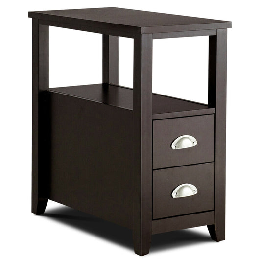 Wooden End Table With 2 Drawers, Shelf, Dark Brown Nightstands Dark Brown at Gallery Canada