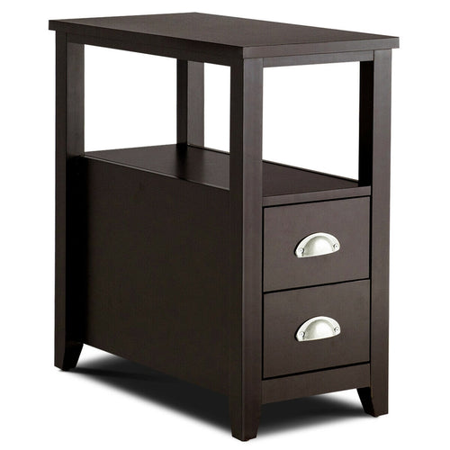 Wooden End Table With 2 Drawers, Shelf, Dark Brown