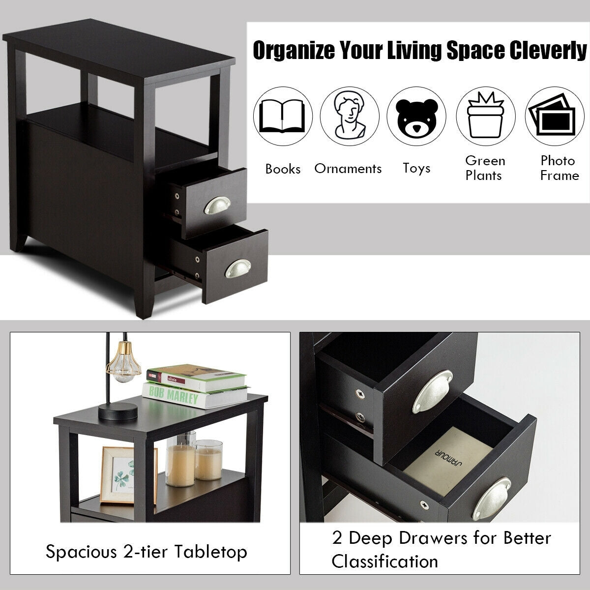 Wooden End Table With 2 Drawers, Shelf, Dark Brown Nightstands at Gallery Canada