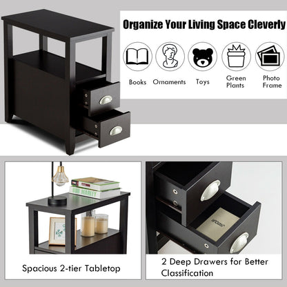 Wooden End Table With 2 Drawers, Shelf, Dark Brown Nightstands at Gallery Canada