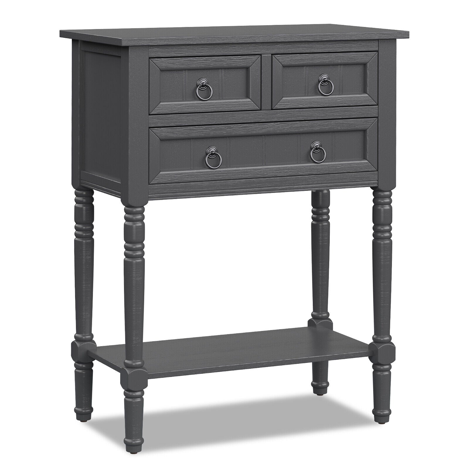 Narrow Console Table, 3 Storage Drawers, Open Bottom Shelf, Dark Gray Console Tables at Gallery Canada