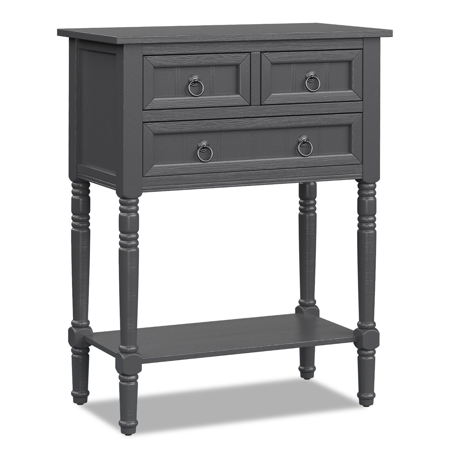 Narrow Console Table, 3 Storage Drawers, Open Bottom Shelf, Dark Gray Console Tables at Gallery Canada