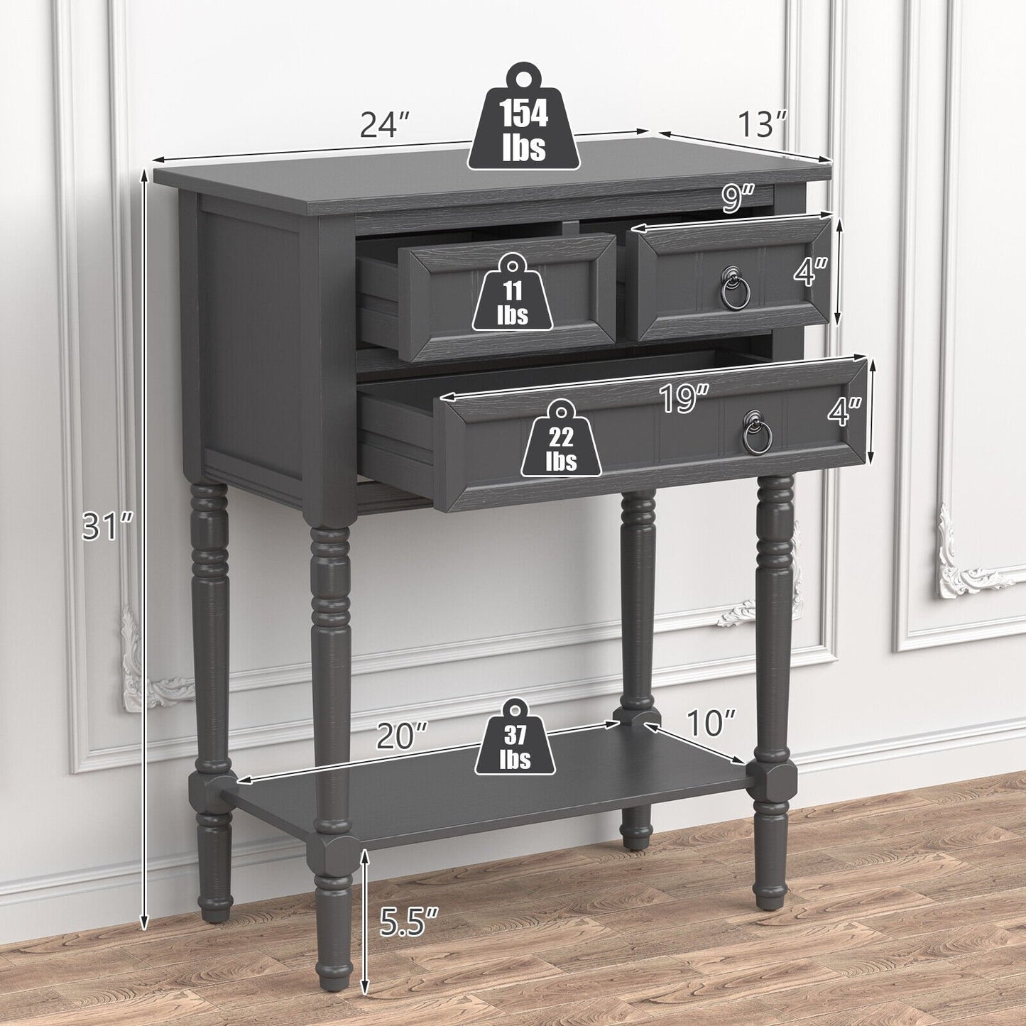 Narrow Console Table with 3 Storage Drawers and Open Bottom Shelf, Dark Gray - Gallery Canada