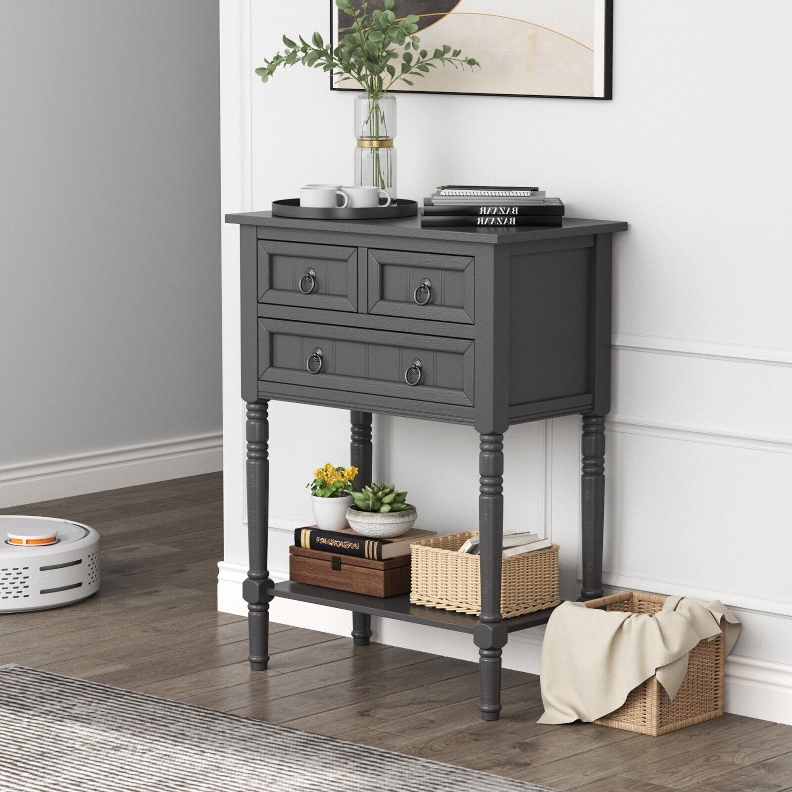 Narrow Console Table, 3 Storage Drawers, Open Bottom Shelf, Dark Gray Console Tables at Gallery Canada