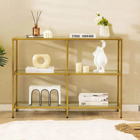 3-Tier 12D x 29W Inch Console Table with Tempered Glass Shelf-39.5 inches, Golden - Gallery Canada