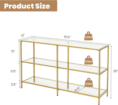 3-Tier 12D x 29W Inch Console Table with Tempered Glass Shelf-51.5 inches, Golden - Gallery Canada
