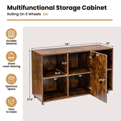 Wood Storage Cabinet with Wheels and 6 Compartments-Rustic brown, Rustic Brown - Gallery Canada