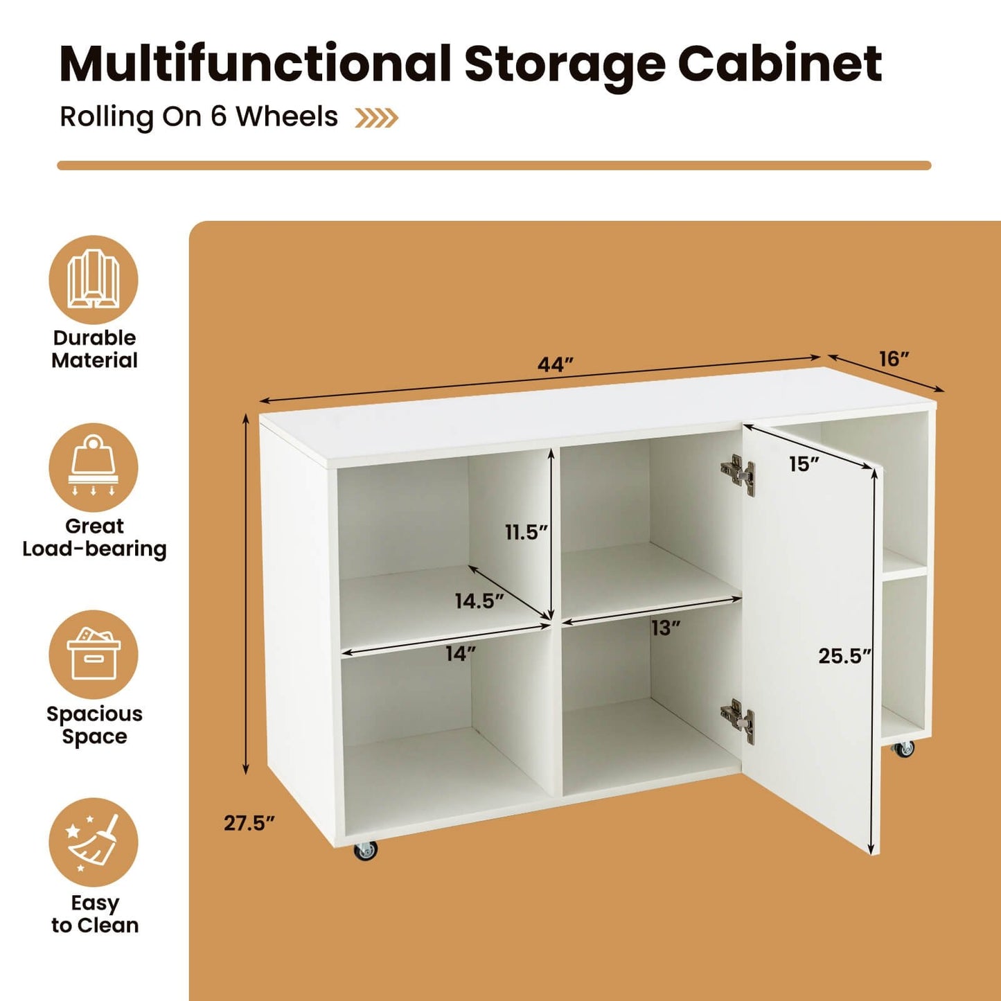 Wood Storage Cabinet with Wheels and 6 Compartments, White - Gallery Canada