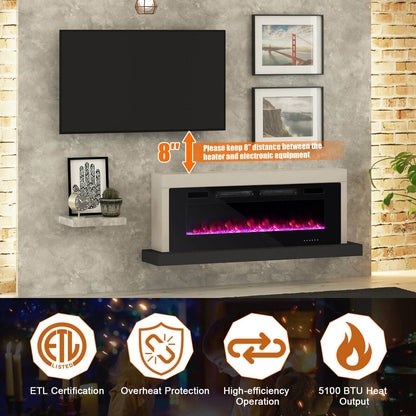 42/50/60/72 Inch Ultra-Thin Electric Fireplace with Decorative Crystals-50 inches, Black - Gallery Canada
