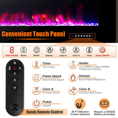 42/50/60/72 Inch Ultra-Thin Electric Fireplace with Decorative Crystals-60 inches, Black - Gallery Canada