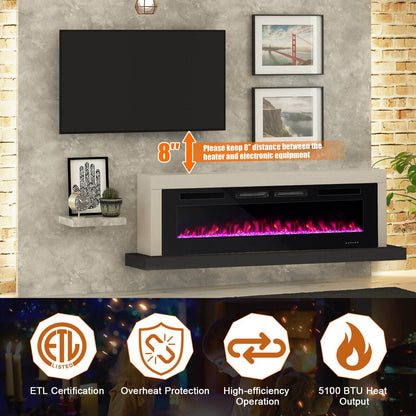 42/50/60/72 Inch Ultra-Thin Electric Fireplace with Decorative Crystals-72 inches, Black - Gallery Canada