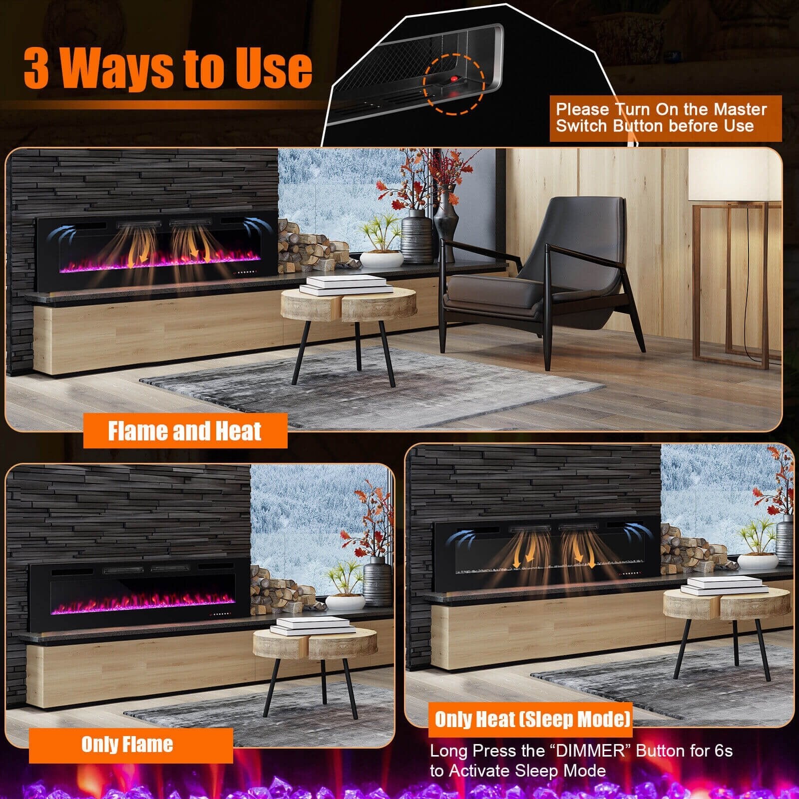 42/50/60/72 Inch Ultra-Thin Electric Fireplace with Decorative Crystals-72 inches, Black - Gallery Canada