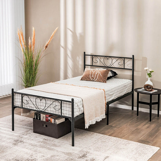 Twin XL Metal Bed Frame with Heart-shaped Headboard, Black - Gallery Canada