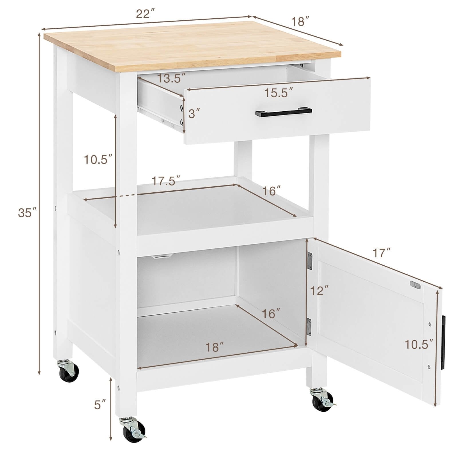 Kitchen Island with Storage Drawer and 3 Hooks, White - Gallery Canada
